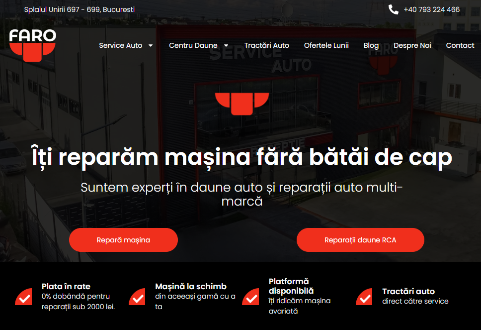 Screenshot FARO - service auto și centru daune București